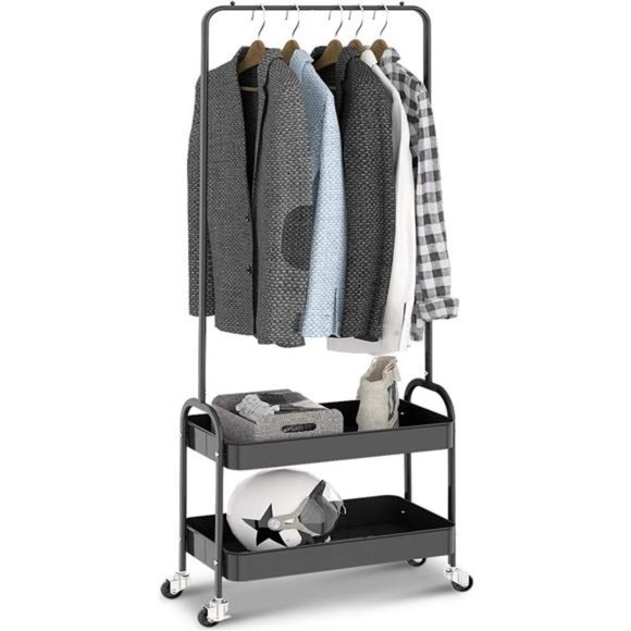 2-in 1 Garment Rack, Clothing Rack with 2 Tier Metal Basket, Rolling Storage